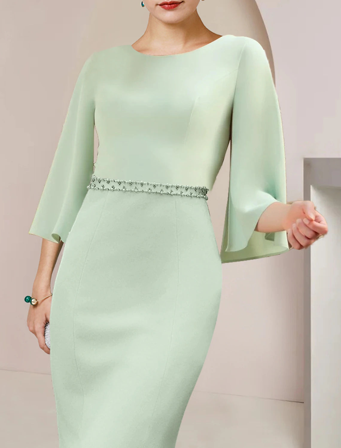 Wholesale  Mermaid / Trumpet Mother of the Bride Dress Wedding Guest Party Elegant Scoop Neck Tea Length Stretch Chiffon 3/4 Length Sleeve with Beading